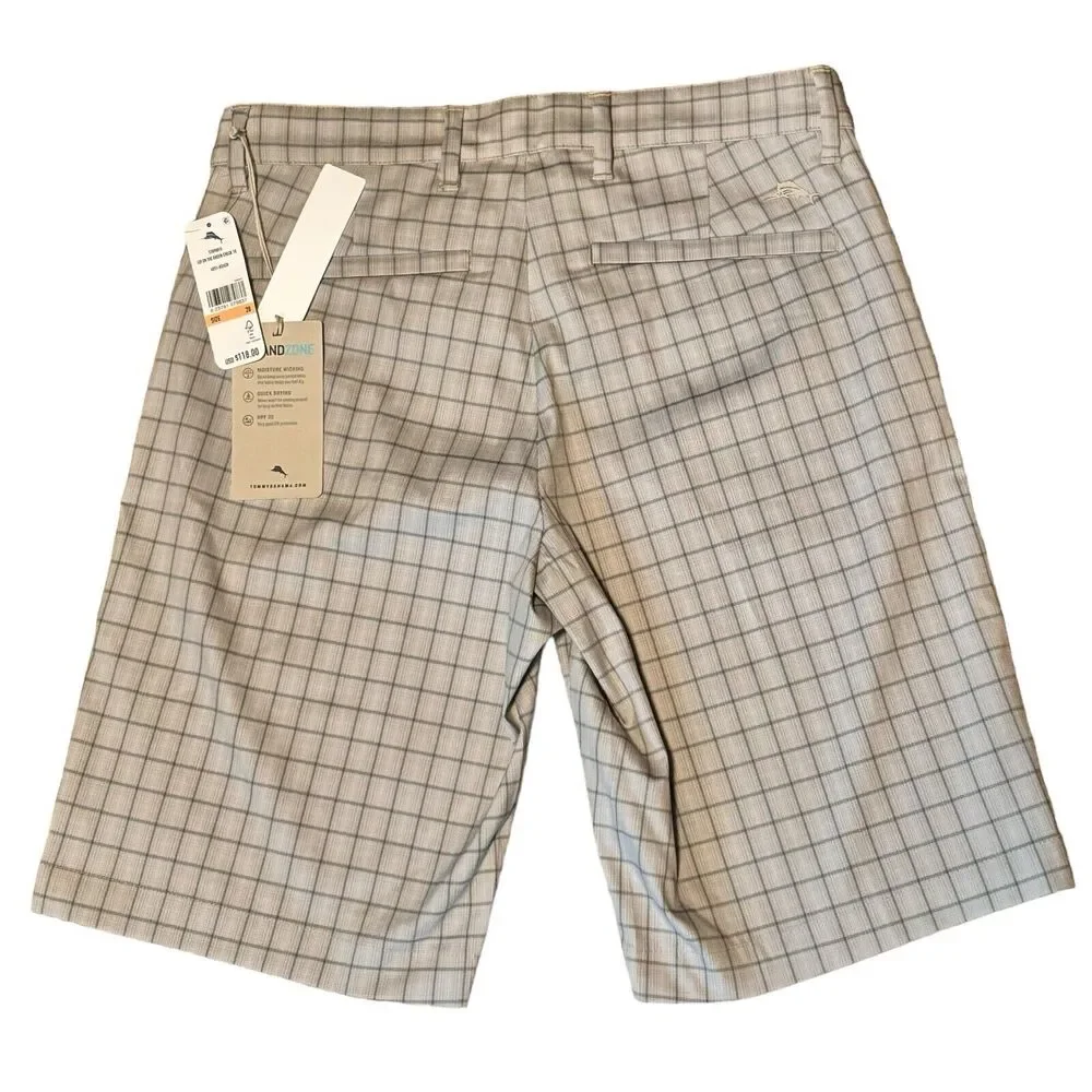 Tommy Bahama Golf IslandZone Plaid Shorts Tan Flat Front Stretch 28 NEW